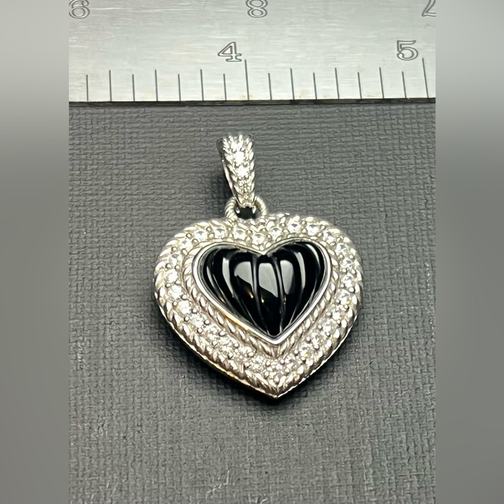 Judith Ripka Black Carved Onyx Sterling Silver Heart Enhancer Pendant R5